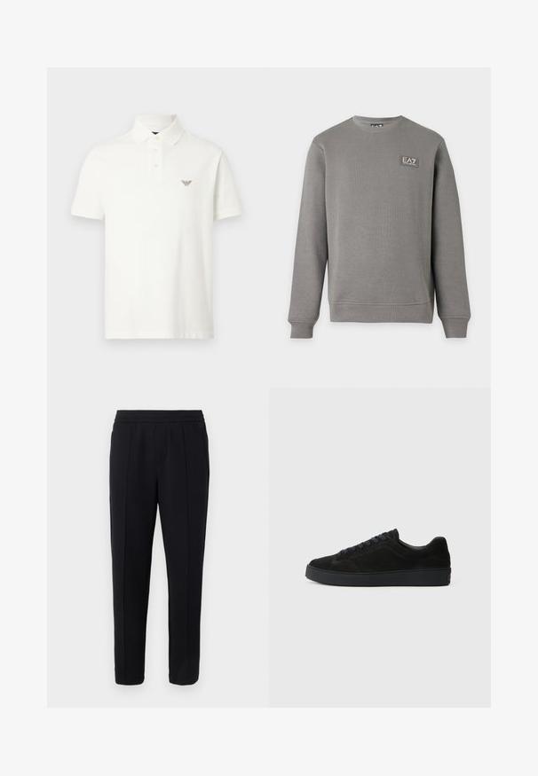 Grå langærmet sweatshirt med rund hals, ribkanter ved ærmer og kant, med et lille EA7 Emporio Armani logo patch på øverste venstre bryst.; Hvid polo i bomuld med klassisk krave, tre-knaps åbning og et diskret broderet logo på brystet.; Sorte skræddersyede bukser med elastisk talje, frontplisserede detaljer og lige ben, vist mod en lys grå baggrund.; Sort semsket sneakers med en flad, tekstureret sål, rund tå, seks snørrehuller og et minimalistisk design.