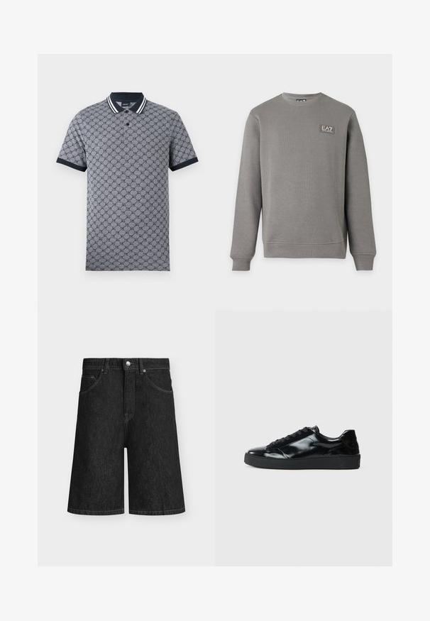 Sweat-shirt gris à manches longues avec col rond, poignets et ourlet côtelés, comportant un petit patch logo EA7 Emporio Armani sur la partie supérieure gauche de la poitrine.; Polo gris avec motif géométrique foncé, col et bords de manches noirs, patte de boutonnage à deux boutons, étiquette de la marque à l'intérieur du col.; Short en jean noir longueur genou avec poches avant, passants de ceinture et fermeture par bouton à la taille sur un fond clair uni.; Baskets en cuir verni noir avec un bout arrondi, un laçage, une semelle en caoutchouc texturé et une finition lisse.