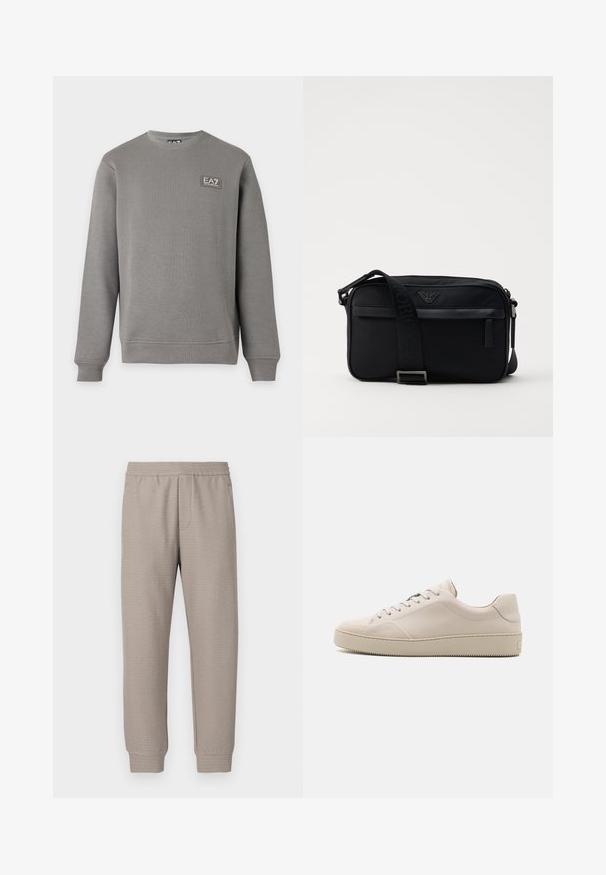 Šedá mikina s dlhými rukávmi a okrúhlym výstrihom, s rebrovanými manžetami a lemem, s malou nášivkou s logom EA7 Emporio Armani na hornej ľavej strane hrudníka.; Béžové zúžené tepláky vyrobené z mäkkej tkaniny s elastickým pásom a jemným textúrovaným vzorom po celej ploche. Navrhnuté pre pohodlie a všestrannosť.; Béžové kožené tenisky so hladkým povrchom, okrúhlou špičkou, plochou podrážkou a klasickým šnurovaním. Jemné akcenty z prešívania a textúrovaná podrážka.; Čierna nylonová taška cez rameno so kontrastným popruhom, štýlovým obdĺžnikovým tvarom, detailom loga a zipsovou kapsou na prednej strane.