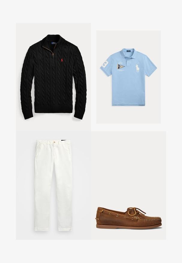 Mustast soonikootud kampsun kvart tõmbluku ja punase Tikitud Polo Ralph Lauren logoga rinnal.; Helehall sinine polosärk valge tikitud polomängija logoga, jahtklubi tekstiga, rindsel pendlitempliga ja varrukal numbriga 3.; Valged puuvillased chinuud otsejalaga disainiga, külje taskudega, ühe nupu sulgemisega ja siledast tekstuurist.; Pruun nahast paatjalats mokasiinõmblusega, paela detail metallist silmuste kaudu tõmmatud ja lame kummist tald küljepealt vaadatuna.