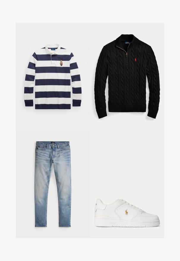 Čierny sveter so vzorom copu s trojtvrtinovým zipsom a červeným vyšívaným logom Polo Ralph Lauren na hrudi.; Polo Ralph Lauren CLASSIC FIT POLO BEAR RUGBY SHIRT - Top s dlhým rukávom - blu; Svetlomodré denimové nohavice s bledým povrchom, dizajnom na päť vreciek a kontrastným prešívaním. Obsahujú zips a pútka na opasok. Rovný strih.; Biele kožené nízke tenisky s bielymi šnúrkami a zlatým logom Polo Ralph Lauren na boku a "Polo" vyrazeným na podrážke.