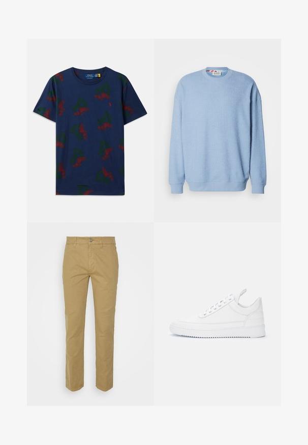 Scotch & Soda TEXTURED - Collegepaita - faded denim; Tummansininen puuvillapaidan, jossa on toistuvia vihreitä 'P' ja punaisia siipikenkiä, pyöreä kaula-aukko, rento malli ja lyhyet hihat.; Beige-housut, jotka on valmistettu puuvillasta ja joissa on suora lahje. Ominaisuuksiin kuuluu etuvetoketju, nappisulku ja viisi taskua, mukaan lukien takataskut.; Valkoinen matalakärkinen tennari nauhoilla, ommelluilla yksityiskohdilla, kantapään vetonauhalla ja uurretulla pohjalla yksivärisellä vaalealla taustalla.