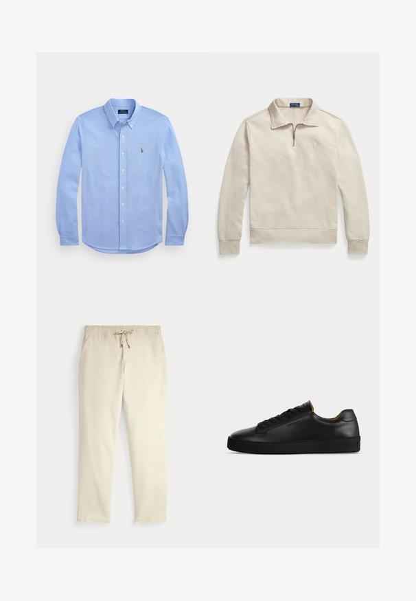 Beige pitkähihaisen poolopaita, jossa neljännesvetoketju, kaulus ja Polo Ralph Laurenin logo brodeerattuna rinnassa.; Vaaleansininen pitkähihaisuus nappikauluspaita, joka on valmistettu pehmeästä puuvillasta, sisältää klassisen kauluksen ja pienen brodeeratun logon rinnassa.; Valkoiset rento housut, joissa on joustava vyötärö ja nyörikiristys, suorat lahkeet ja sivutaskut yksinkertaista taustaa vasten.; Mustat matalat nahkaiset tennarit mustilla nauhoilla, kuvioidulla kumipohjalla ja pienellä kohokuvioidulla logolla sivulla, kuvattuna sivuprofiilissa harmaata taustaa vasten.