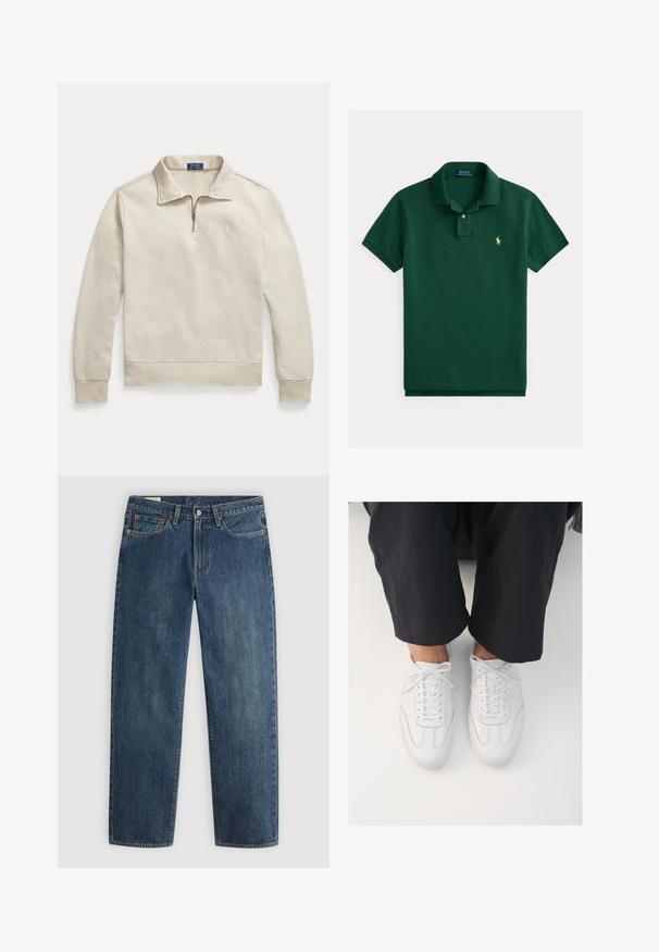 Pull beige à manches longues avec une fermeture éclair à un quart, un col et un logo Polo Ralph Lauren brodé sur la poitrine.; Polo vert foncé à manches courtes avec col, patte à deux boutons, et petit logo joueur de polo brodé en or sur la poitrine gauche.; Jean en denim bleu foncé avec une coupe droite, cinq poches, couture visible et fermeture à bouton métallique à la taille. Tissu de poids moyen.; Baskets blanches en cuir avec une texture lisse, bout rond et système de laçage classique, positionnées au-dessus de pantalons sombres et amples.