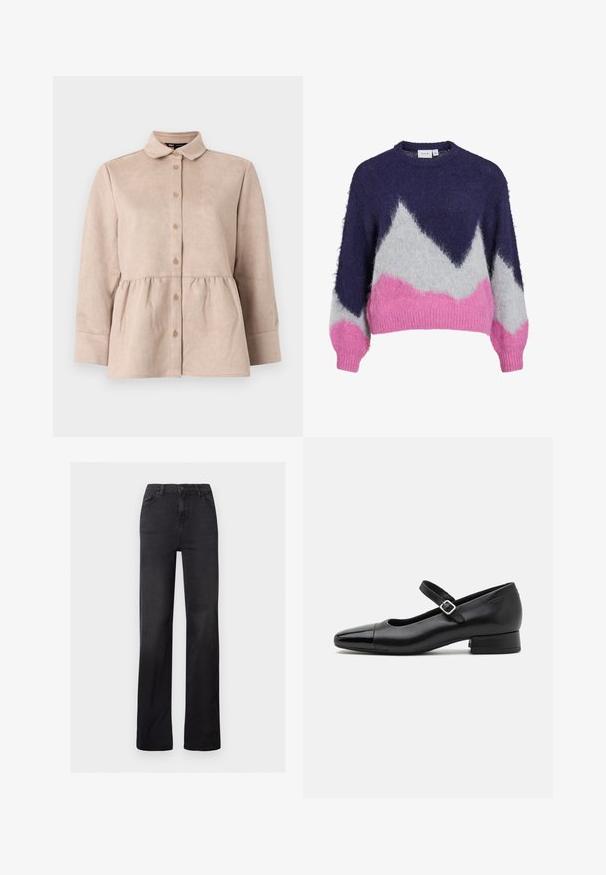 Strikket trøje i marineblå, grå og pink med et geometrisk bjergmønster. Har en rund halsudskæring og lange, let puffede ærmer.; Beige ruskindskjorte med krave, knaplukning foran og peplum talje. Har lange ærmer og en glat tekstur med små knapper.; Sorte denim straight-leg jeans med høj talje, fem-lomme design og synlig syning. Glat tekstur med en let falmet finish.; Sorte læder Mary Jane-sko med en patenttå, justerbar ankelrem og lav blokhæl. Glat tekstur og strømlinet design.