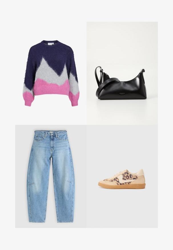 Gebreide trui in marineblauw, grijs en roze met een geometrisch bergpatroon. Voorzien van een ronde hals en lange, licht opgepofte mouwen.; Lichtblauwe denim jeans met een relaxte pasvorm, met een hoge taille, rechte pijpen en subtiele stiksels op de voorzakken.; Luipaardprint sneakers met een beige suède bovenkant, tan rubberen zool en witte accenten. Ronde neus en vetersluiting met een gestructureerde afwerking.; Zwarte leren handtas met een gladde textuur. Beschikt over een verstelbare schouderband en een strak, minimalistisch ontwerp met een ritssluiting.