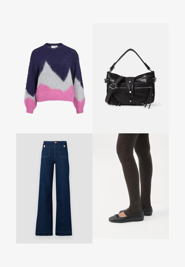 Strikket trøje i marineblå, grå og pink med et geometrisk bjergmønster. Har en rund halsudskæring og lange, let puffede ærmer.; Mørkeblå vidde jeans med høj talje, guldknap-detaljer, to for- og baglommer samt kontrastsyede detaljer. Tekstureret denim stof.; Ben iført mørke ribbede leggings kombineret med sorte balletsko med små sløjfedetaljer på hvid baggrund.; Even&Odd H24462 - Håndtasker - black