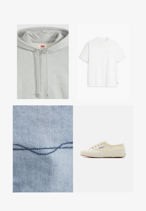 Hellgrauer Levi's Hoodie mit Kordelzug, mittlerem Größenetikett im Kragen und subtil besticktem Logo auf der Brust.; Weißes Baumwoll-T-Shirt mit kurzen Ärmeln, rundem Ausschnitt und einem dezenten "Levi's"-Logo in heller Farbe auf der Vorderseite.; Hellblauer Denim-Stoff mit einer sichtbaren, geschwungenen Naht. Die Textur wirkt glatt, mit gleichmäßigen Stichen in dunkelblauer Fadenfarbe.; Beige Leinen-Sneaker mit niedrigem Profil, Metallösen und Gummisohle. Mit einem strukturierten Muster und einem Logodetail an der Seite.