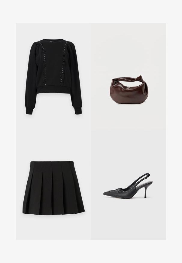 Schwarzer Pullover mit langen Ärmeln, gerippten Bündchen und Saum. Verfügt über dekorative silberne Nieten entlang der Vorderteile. Weicher, strukturierter Stoff.; Schwarzer Faltenminirock mit strukturiertem Design, aus glattem Stoff gefertigt. Features einen Taillenbund und gleichmäßig verteilte vertikale Falten.; Schwarzer Leder-Slingback-Stiletto mit spitzem Zehenaufsatz, seitlichem Schnallenriemen, Nieten entlang der Kante und dekorativer Schnürung vorne.; Dunkelbraune Lederschultertasche mit weicher, lockerer Form und einem gedrehten Knotengriff vor schlichtem weißem Hintergrund.