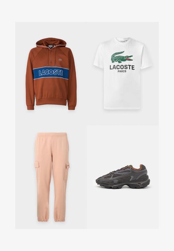 Brun hættetrøje med lynlås i halsen, kontrasterende blå bånd med "LACOSTE" tekst, ribbede manchetter og et lille logo på brystet.; Lacoste T-shirts print - white; Lyserøde bomuldsjoggers med elastisk talje, ribbede manchetter, to sidelommer og et lille logo-patch på en af lommerne.; Lacoste sneakers i mørkegrå med mesh og syntetisk materiale, udstyret med en tekstureret sål og brune accenter på kraven og brandingen.