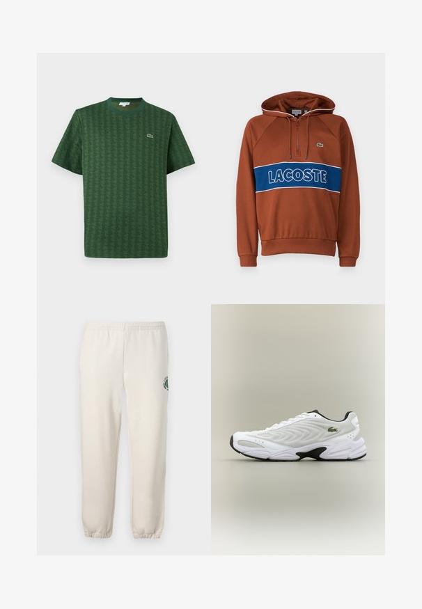 Hnedá mikina s kapucňou a zipsom pri krku, kontrastný modrý pás s textom "LACOSTE", rebrované manžety a malé logo na hrudi.; Zelené tričko z bavlny s textúrovaným geometrickým vzorom. Má rebrovaný okrúhly výstrih a malé logo na hrudi.; Svetlo béžové tepláky z bavlny s elastickým pásom, rebrovanými manžetami a zeleným logom s dizajnom listu na ľavej nohe.; Biele atletické tenisky s textúrovaným sieťovinovým zvrškom, zakriveným dizajnom a kontrastnou čiernou podrážkou. S greennou vyšívanou nášivkou na boku.
