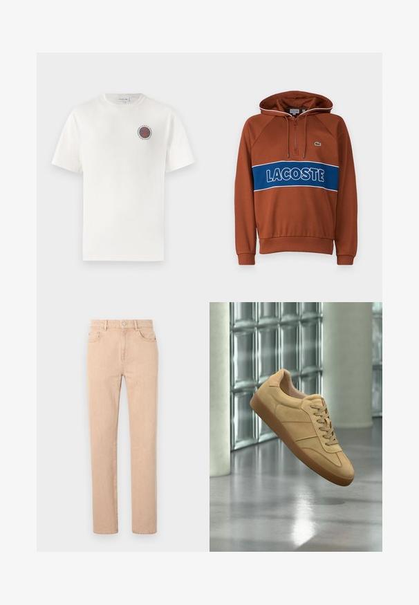 Pruun kapuutsiga tõmblukuga jope, kontrastse sinise riba küljes, millel on "LACOSTE" tekst, soonikuga mansetid ja väike logo rinnal.; Valge puuvillane T-särk lühikeste varrukatega, millel on vasakul rinnal ümmargune sinine ja oranž "Tennis Heritage" logo.; Bežid sirgedega teksad, mis on valmistatud puuvilla segakangast, millel on lukk, vöökohad ning ees ja taga taskud. Sujuv tekstuur.; Beežid seemisnahast tossud kummist tallaga, paelaga kinnituv, hõljub siseruumis poleeritud betoonpõranda kohal klaasplokkseinaga lähedal.