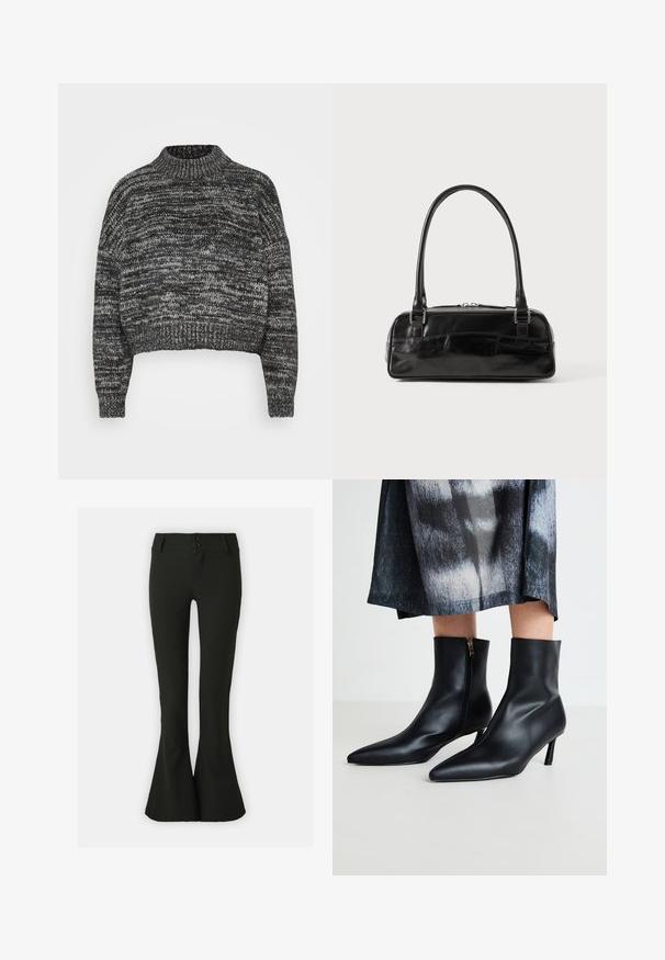 Vero Moda Petite VMDAIMA - Pullover - black/birch/silver; Pantalons évasés noirs en tissu lisse, avec une taille haute dotée de deux boutons de fermeture et une silhouette épurée.; Bottines en cuir noir à bout pointu et fermeture éclair sur le côté, avec un talon effilé. Texture lisse et design élégant.; Sac à main en cuir noir de forme rectangulaire, doté d'une seule ansse structurée, de quincaillerie argentée et d'une fermeture éclair. Texture lisse.
