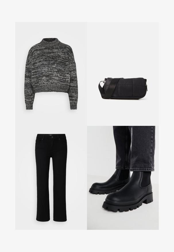 Vero Moda Petite VMDAIMA - Strickpullover - black/birch/silver; Schwarze Denim-Hosen mit geradem Bein, ausgestattet mit einem Reißverschluss und einem Knopfverschluss, vorderen und hinteren Taschen sowie einer glatten Textur.; Schwarze Knöchelstiefel mit einer massiven Sohle, aus glattem Leder, mit elastischen Seitenpaneelen und einen Blockabsatz, kombiniert mit dunklen Jeanshosen.; Schwarze, gepolsterte Tasche in zylindrischer Form, aus weichem Material gefertigt. Mit einem schwarzen Tragegurt und silberner Hardware ausgestattet. Mit Reißverschlussverschluss.