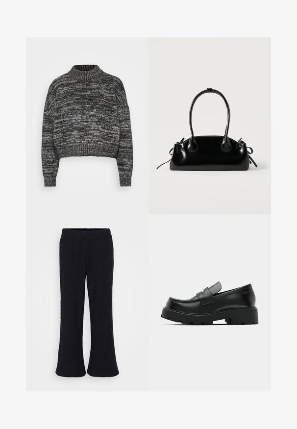 Vero Moda Petite VMDAIMA - Striktrøje - black/birch/silver; Sorte, flagrende bukser med et tekstureret stof og elastisk talje. Designet er i fuld længde med en blød finish.; Sorte læder loafers med en chunky tekstureret sål, der har en rem over vamps og en glat, poleret finish.; Lille sort blank håndtaske med to lange håndtag og snøre-detaljer i siden på en ensfarvet lys baggrund.