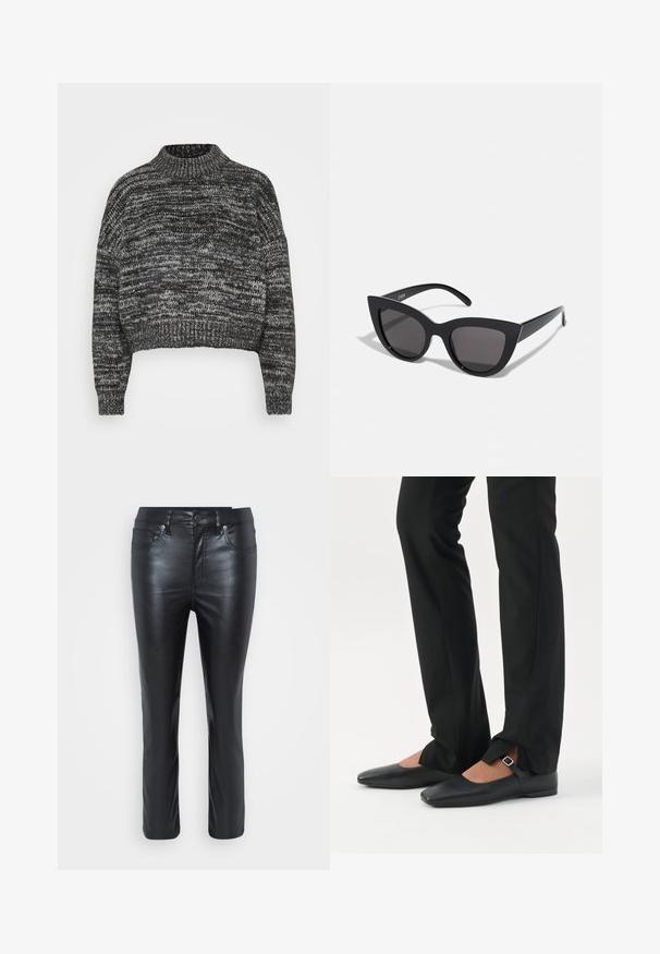Vero Moda Petite VMDAIMA - Svetrík - black/birch/silver; Čierne kožené nohavice s úzkym strihom, obsahujúce predné vrecká, zapínanie na gombík a jemný lesk. Nohavice sú rovného strihu s prešitými detailmi.; Nohy v čiernych priliehavých nohaviciach s prednými rozparkami na leme, v kombinácii s čiernymi plochými topánkami Mary Jane s malým prackovým remienkom.; Čierne slnečné okuliare v štýle mačacích očí s matným povrchom, so šedými tónovanými sklami, ostrými hranami a elegantnými bokovými ramenami. Názov značky je viditeľný na vnútornom ramene.