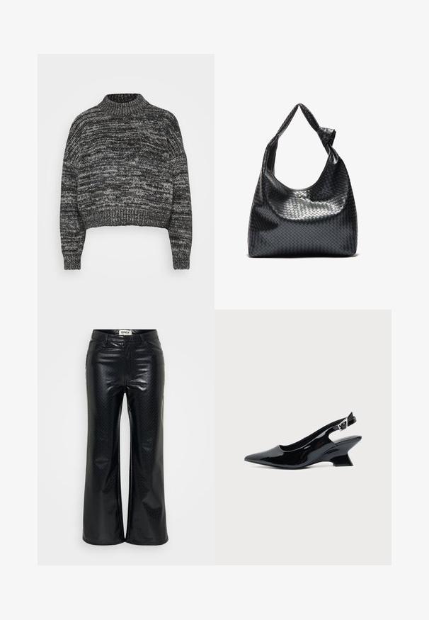 Vero Moda Petite VMDAIMA - Πουλόβερ - black/birch/silver; Μαύρο, μοτίβο από δερματίνη με φαρδιά σιλουέτα. Διαθέτει φερμουάρ, θηλιές για ζώνη και διακοσμητικές ραφές. Γυαλιστερή, λεία υφή.; Μαύρο παπούτσι slingback από πατενταρισμένο δέρμα με μυτερή μύτη και χαμηλό κεκλιμένο τακούνι τύπου block σε απλό φωτεινό φόντο.; Μαύρη πλεκτή δερμάτινη τσάντα χειρός με χαλαρή σχεδίαση, διαθέτοντας έναν κόμπο για λουράκι και μια μικρή διακοσμητική χρυσή σφαίρα στην κορυφή.