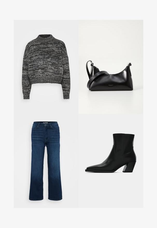 Vero Moda Petite VMDAIMA - Jersey de punto - black/birch/silver; ONLY Petite ONLMADISON BLUSH WIDE - Pernera ancha - dark blue denim; Bota de tobillo de cuero negro con punta afilada, una silueta elegante y un tacón cuadrado grueso. Textura suave con detalles de costura mínimos.; Bolso de mano de cuero negro con una textura suave. Cuenta con una correa ajustable y un diseño elegante y minimalista con cierre de cremallera.