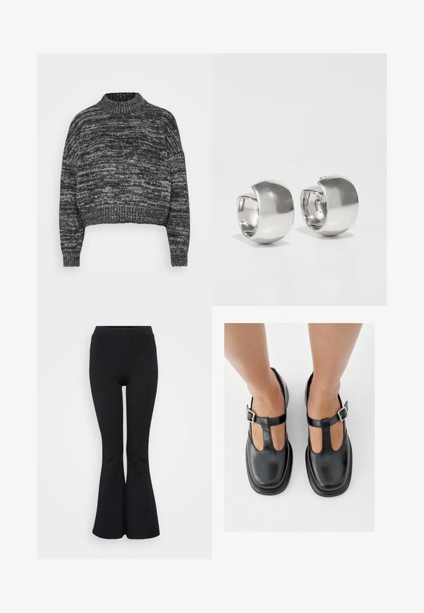 Vero Moda Petite VMDAIMA - Striktrøje - black/birch/silver; Sorte flare leggings lavet af strækbart materiale. Har en høj talje og en glat overflade. Slutter med en flared kant.; Sorte lædersko med T-rem-design, lukket tå og sølvfarvede spændeaccenter. Glat tekstur med rundet tå og flad sål.; Uncommon Matters SCULPTURAL LARGE CREOLE - Øreringe - silver-coloured