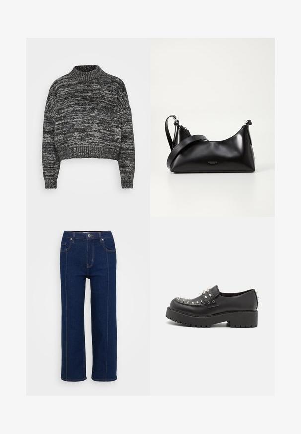 Vero Moda Petite VMDAIMA - Trui - black/birch/silver; Donkerblauwe rechte jeans met knoopsluiting, voor- en achterzakken, en zichtbare oranje stiksels langs de naden.; Monki Instappers - black dark; Zwarte leren handtas met een gladde textuur. Beschikt over een verstelbare schouderband en een strak, minimalistisch ontwerp met een ritssluiting.