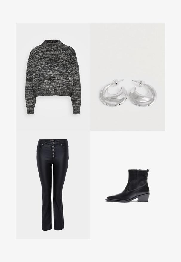Vero Moda Petite VMDAIMA - Pullover - black/birch/silver; Jean évasé noir au design élégant, fabriqué à partir d'un matériau lisse. Comprend cinq fermetures à boutons argentés et des poches à l'avant.; Botte de cheville en cuir noir avec un bout pointu et un petit talon carré. Présente une fermeture éclair latérale et des détails de couture minimaux pour un design épuré.; Une paire de boucles d'oreilles en croissant argenté poli avec des supports en plastique transparent sur une surface blanche.