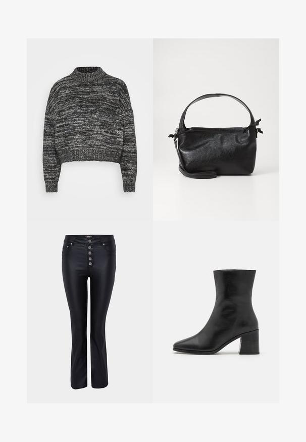 Vero Moda Petite VMDAIMA - Striktrøje - black/birch/silver; Sorte flared jeans med et elegant design, lavet af et glat materiale. Har fem sølvfarvede knaplukninger og lommer foran.; Sorte læder ankelstøvle, spids tå, glat tekstur, mellemhøj blokhæl, minimalistisk design og syede detaljer langs kraven.; Sort læderhåndtaske med et struktureret design, rund tophåndtag og aftagelig skulderrem. Den har en glat tekstur og en subtil glans.