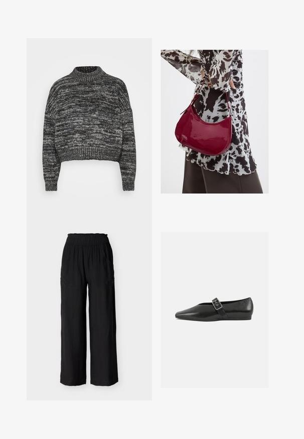Vero Moda Petite VMDAIMA - Πουλόβερ - black/birch/silver; Μαύρο παντελόνι με φαρδιά μπατζάκια, ελαστική μέση και πλαϊνές τσέπες. Λείο ύφασμα και άνετη εφαρμογή. Ίσιο τελείωμα χωρίς πρόσθετα σχέδια ή διακοσμητικά στοιχεία.; Μαύρο δερμάτινο παπούτσι φλατ με μυτερή μύτη, διαθέτοντας μια μεταλλική πόρπη που διασχίζει το κέντρο του ποδιού και μια χαμηλή, ευέλικτη σόλα.; Γυναίκα που φοράει μια μπλούζα με μαύρο-άσπρο μοτίβο κρατάει μια γυαλιστερή κόκκινη τσάντα ώμου σε απλό φόντο.