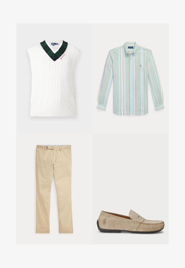 Chaleco sin mangas de punto de cable blanco con cuello en V de cuadros verdes y negros y pequeño bordado rojo "Polo Tennis".; Camisa de manga larga abotonada con rayas verticales en tonos pastel de verde, azul, rosa y amarillo, con cuello y logotipo Polo Ralph Lauren en el pecho.; Pantalones beige de corte recto con trabillas para cinturón y cremallera frontal, colocados planos sobre un fondo blanco.; Mocasines de ante beige con detalle cosido, suela de goma plana y un pequeño logotipo en el lateral. Diseño clásico de slip-on, textura suave.