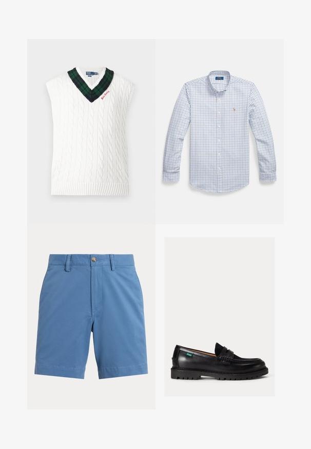 Gilet sans manches en maille torsadée blanche avec col en V à carreaux verts et noirs et petite broderie rouge "Polo Tennis".; Chemise pour homme à manches longues avec boutons, blanche à motif à carreaux bleu et rouge. Elle présente un col et un petit logo brodé sur la poitrine.; Shorts décontractés bleus pour hommes avec passants de ceinture, bouton sur le devant et fermeture éclair sur un fond uni clair.; Mocassin en cuir noir avec semelle épaisse, bout arrondi et étiquette verte Polo sur le côté.