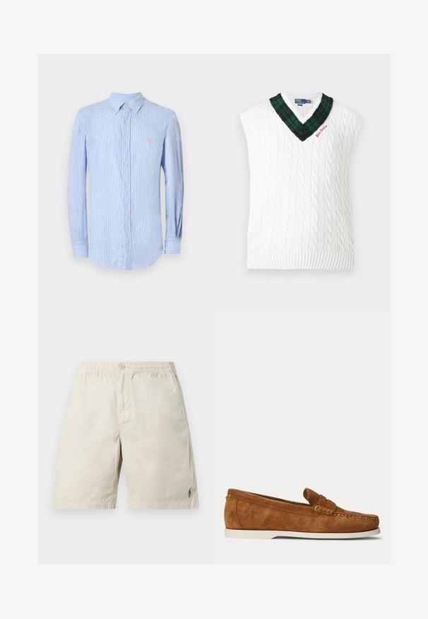 Λευκό πλεκτό αμάνικο γιλέκο με σχέδιο καλωδίου, V-λαιμόκοψη σε πράσινο και μαύρο καρό και μικρή κόκκινη κέντηση "Polo Tennis".; Ανοιχτό μπλε μακρυμάνικο πουκάμισο με κουμπιά, με λευκές κάθετες ρίγες και ένα μικρό ροζ λογότυπο στο αριστερό στήθος.; Μπεζ casual σορτς με ελαστική μέση, κλείσιμο μπροστά με κουμπιά και μικρό μπλε κεντημένο λογότυπο κοντά στο τελείωμα στο αριστερό πόδι.; Καφέ μοκασίνι από σουέτ με λευκή σόλα, ραφές σε στυλ μοκασίνι και μικρό ανάγλυφο λογότυπο κοντά στη φτέρνα, σε απλό φωτεινό φόντο.