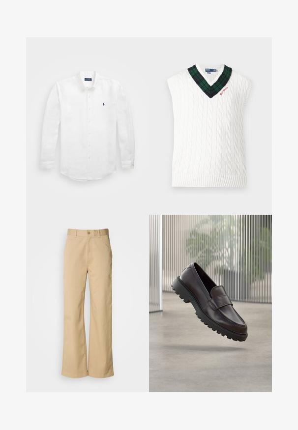Witte kabelgebreide mouwloze trui met groene en zwarte geruite V-hals en kleine rode "Polo Tennis" borduring.; Witte lange mouwen shirt van katoen met een button-down kraag, voorzien van een klein marineblauw logo op de linkerborst en klassieke knoopsluiting.; Beige, wijde broek gemaakt van een katoenmix. Voorzien van een knoopsluiting en riemlussen. Soepele textuur, met minimale stikseldetails.; Bruine leren instapschoen met een afgeronde neus en een stevige zwarte rubberen zool. Voorzien van een decoratief bandje over de wreef.