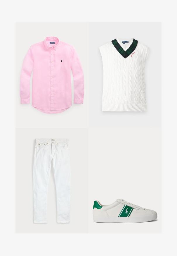 Weißer kabelgestrickter ärmelloser Pullover mit grün-schwarzem kariertem V-Ausschnitt und kleiner roter „Polo Tennis“-Stickerei.; Langärmliges rosa Hemd mit Knopfleiste, geknöpftem Kragen und kleinem marineblau besticktem Logo auf der linken Brust.; Weiße Slim-Fit-Jeans mit fünf Taschen, Knopfverschluss und Gürtelschlaufen, flach auf einem schlichten hellen Hintergrund ausgelegt.; Weißer Sneaker in Low-Top-Form mit grünem Streifen und Polo-Logo an der Seite, grünem Fersenlaschen und weißen Schnürsenkeln, von der linken Seite vor neutralem Hintergrund dargestellt.