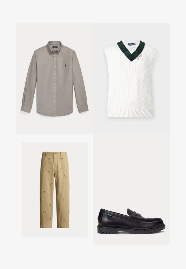 Weißer kabelgestrickter ärmelloser Pullover mit grün-schwarzem kariertem V-Ausschnitt und kleiner roter „Polo Tennis“-Stickerei.; Hellgraues, langärmliges Hemd mit Knopfleiste, Kragen und blauem Polo Ralph Lauren Sticklogo auf der linken Brust.; Beige Cordhosen aus Cord mit bestickten Hundemotiven, geradem Beinschnitt und Fünf-Taschen-Design mit vorderem Knopfverschluss.; Schwarzer Lederloafer mit dicker Profilsohle und kleinem grünen "Polo"-Etikett an der Außenseite nahe der Ferse.