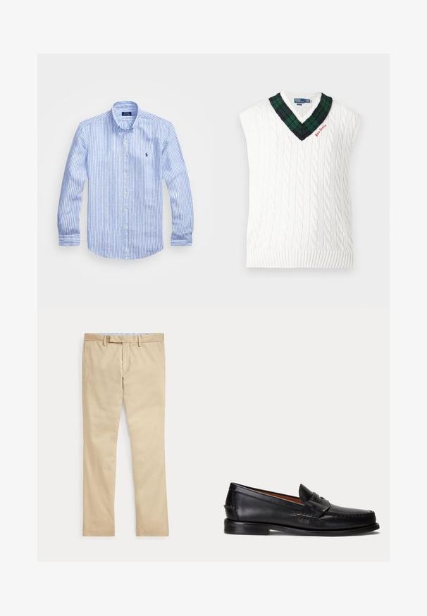 Chaleco sin mangas de punto de cable blanco con cuello en V de cuadros verdes y negros y pequeño bordado rojo "Polo Tennis".; Camisa de manga larga a rayas azul y blanca hecha de algodón, con cuello de botón, botones en el frente y un pequeño logo bordado en el pecho.; Pantalones beige de corte recto con trabillas para cinturón y cremallera frontal, colocados planos sobre un fondo blanco.; Mocasín negro de cuero con tacón bajo y detalle de correa para moneda, mostrado de lado sobre un fondo gris claro.