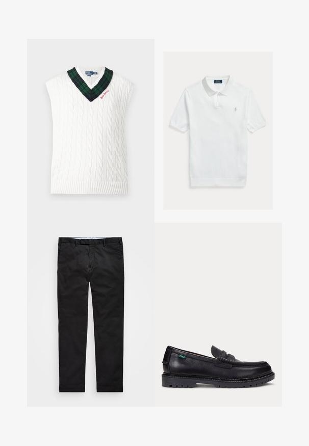 Hvid kabelstrikket ærmeløs sweatervest med grøn og sort ternet V-udskæring samt lille rød "Polo Tennis" brodering.; Hvid ribstrikket polo med klassisk krave, korte ærmer og et broderet logo på venstre bryst. Blød tekstur og enkelt design.; Sorte chinos med lige ben, lavet af en bomuldsblandingsstof, med lynlås i gylpen, bæltestropper og sidelommer. Glat tekstur.; Sort læderloafer med tyk, mønstret sål og lille grøn "Polo"-mærke på ydersiden nær hælen.