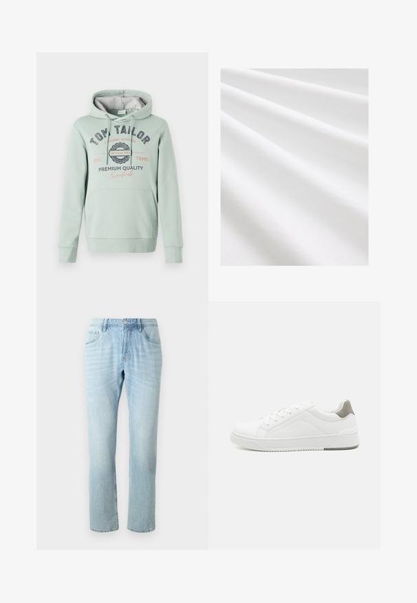 TOM TAILOR Hættetrøje - dust green; Bomuldsstof, hvid farve, glat tekstur med subtile folder og krøller. Jævn overflade, let reflekterende, uden mønstre eller accenter.; Lyseblå denimjeans med lige ben, som har fem lommer, diskret falming og en metalknap i taljen.; Hvid sneaker lavet af glat læder, rund tå, minimalistisk design, grå hælafsats og tekstureret gummisål.