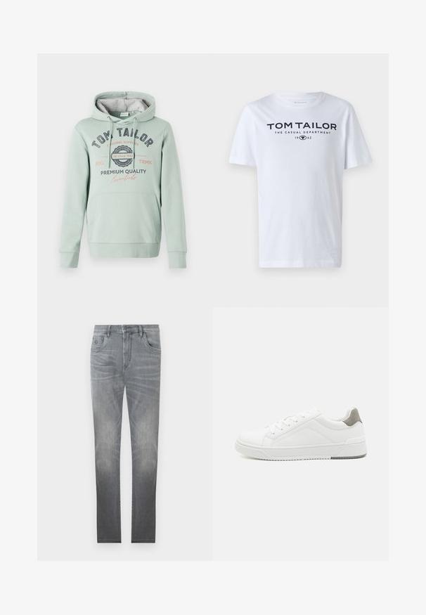 TOM TAILOR Hættetrøje - dust green; Hvid bomulds t-shirt med rund hals, korte ærmer og navy tekst, der læser "TOM TAILOR THE CASUAL DEPARTMENT 1962."; Grå denim jeans med et falmet design, fem-lommer stil, knaplukning og lige ben. Glat tekstur med let slid ved kanterne.; Hvid sneaker lavet af glat læder, rund tå, minimalistisk design, grå hælafsats og tekstureret gummisål.