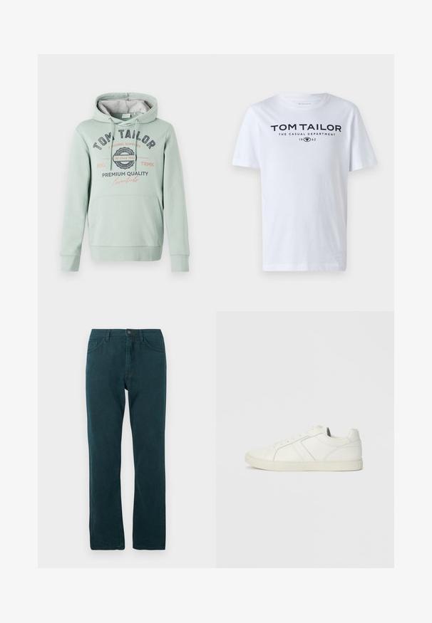TOM TAILOR Kapuzenpullover - dust green; Weißes Baumwoll-T-Shirt mit Rundhalsausschnitt, kurzen Ärmeln und navyfarbener Schrift, die "TOM TAILOR THE CASUAL DEPARTMENT 1962" lautet.; Dunkelblaugrüne gerade Jeans mit Knopf- und Reißverschluss, Vorder- und Hintertaschen, flach auf weißem Hintergrund präsentiert.; Niedrig geschnittenen weißen Ledersneaker mit Schnürverschluss und flacher Gummisohle, von der Innenseite auf einem schlichten Hintergrund betrachtet.