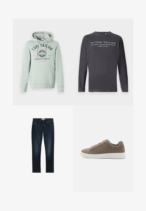 TOM TAILOR Kapuzenpullover - dust green; TOM TAILOR PRINTED - Langarmshirt - tarmac grey; Dunkelblaue Denim-Jeans mit slim Fit, ausgestattet mit fünf Taschen, einem Knopfverschluss und subtilen Ausbleichungen auf der Vorderseite für eine strukturierte Optik.; Braune Wildledersneaker mit flachen weißen Gummisohlen, Schnürdesign, abgerundete Zehen und einer glatten Textur. Minimalistischer Stil mit dezenten Nähdetails.