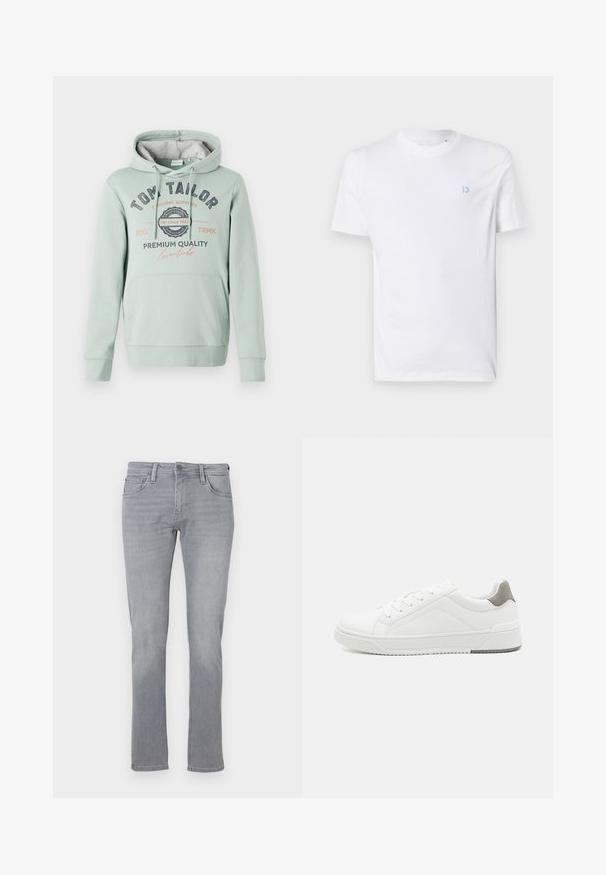 TOM TAILOR Hættetrøje - dust green; Hvid bomulds t-shirt med rund halsudskæring og korte ærmer, med et lyseblåt logo på venstre bryst. Glat tekstur, enkelt design.; Grå denim jeans med lige ben, der har en frontknap og lynlås lukning, fem lommer og subtil falming over det hele.; Hvid sneaker lavet af glat læder, rund tå, minimalistisk design, grå hælafsats og tekstureret gummisål.
