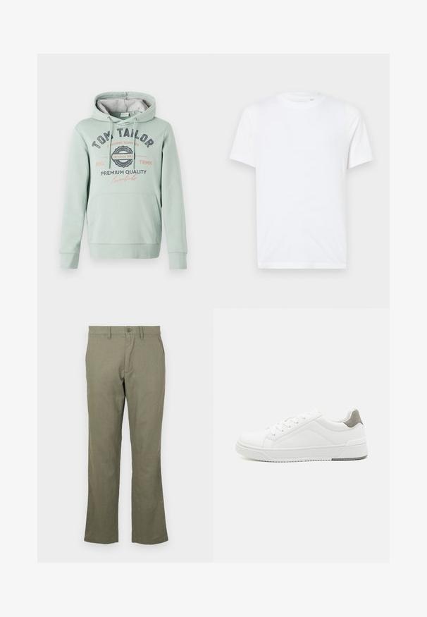 TOM TAILOR Jersey con capucha - dust green; Camiseta de algodón blanca con cuello redondo y mangas cortas. Presenta un pequeño logo en relieve en el lado izquierdo del pecho. Textura suave.; Pantalones casuales de color verde oliva, hechos de una tela suave. Cuentan con un corte recto, bolsillos frontales y un cierre de botón. Sin patrones visibles.; Zapatilla blanca con material de cuero liso, punta redonda, diseño minimalista, acento gris en el talón y suela de goma texturizada.