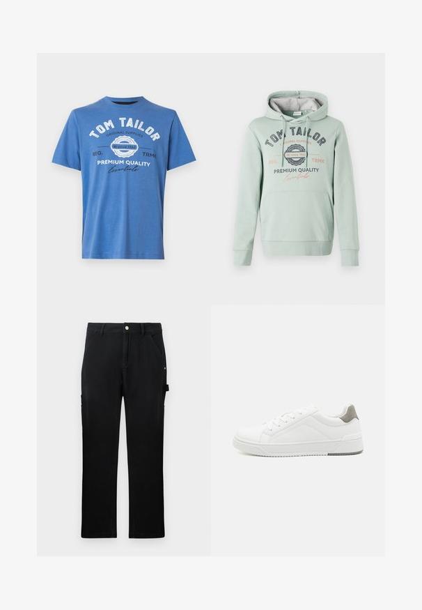 TOM TAILOR Kapuzenpullover - dust green; Blaue kurzärmlige T-Shirt aus Baumwolle. Mit bedrucktem Text "TOM TAILOR" und Logo. Klassischer Rundhalsausschnitt und gerader Saum.; Schwarze gerade Arbeits hose mit vorderen Taschen, Gürtelschlaufen, Knopfverschluss und seitlicher Werkzeugschlaufe auf einfarbigem Hintergrund.; Weißer Sneaker aus glattem Leder, runde Zehenpartie, minimalistisches Design, graue Fersenkante und strukturierte Gummisohle.