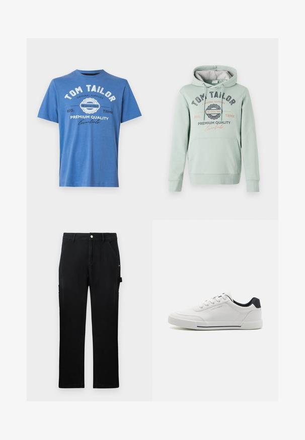 TOM TAILOR Jersey con capucha - dust green; Camiseta de algodón de manga corta en color azul. Presenta texto impreso con "TOM TAILOR" y logo. Cuello redondo clásico y dobladillo recto.; Pantalones de trabajo rectos negros con bolsillos frontales, cinturas, cierre de botón y lazo lateral para herramientas sobre un fondo liso.; Zapatillas blancas con una parte superior sintética suave, puntera redonda, diseño de cordones, acento en azul marino en el talón y una suela de goma texturizada con una franja negra.