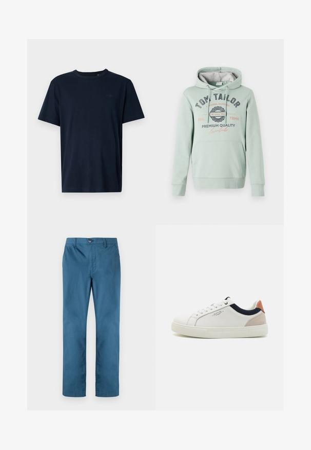 TOM TAILOR Kapuzenpullover - dust green; Marineblaue Kurzarm-T-Shirt aus weichem Stoff mit Rundhalsausschnitt, mit einem kleinen Logo und dem Jahr "1962" auf der Brust bedruckt.; TOM TAILOR REGULAR WASHED - Chino - real teal blue; Weiße Leder-Sneaker mit einem Low-Top-Design, marineblauem Stoffakzent am Kragen und einem hellrosa Wildleder-Hackenteil. Gummisohle.