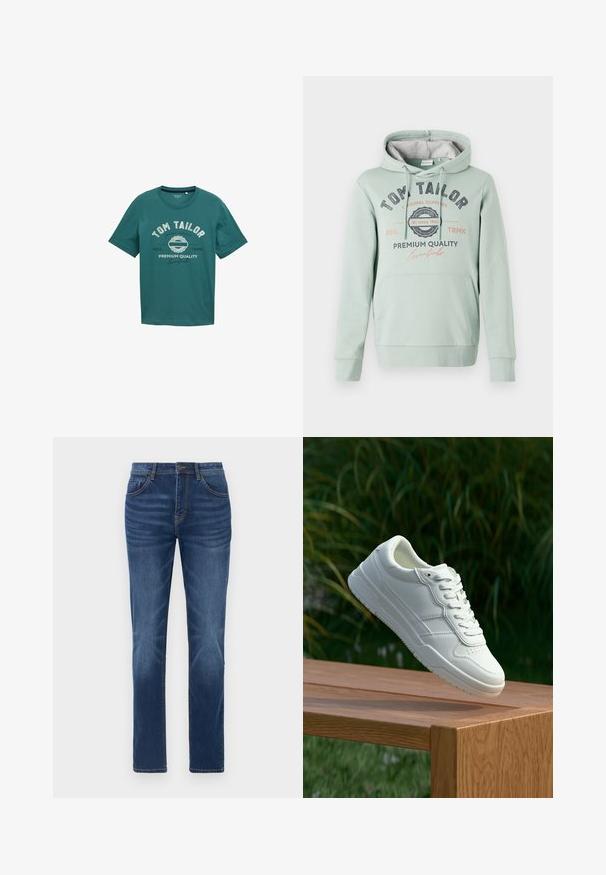 TOM TAILOR Hættetrøje - dust green; Teal kortærmet t-shirt lavet af bomuld med rund halsudskæring og hvid tekst "TOM TAILOR" samt design detaljer på forsiden.; Mørkeblå denimjeans med en klassisk lige pasform, fem-lomme design og let falmede detaljer på benene. Har knap- og lynlåslukning.; Hvide lædersneakers med en glat overflade, prydet med perforeret design, klassisk snørering og gummisål, placeret over en træoverflade.