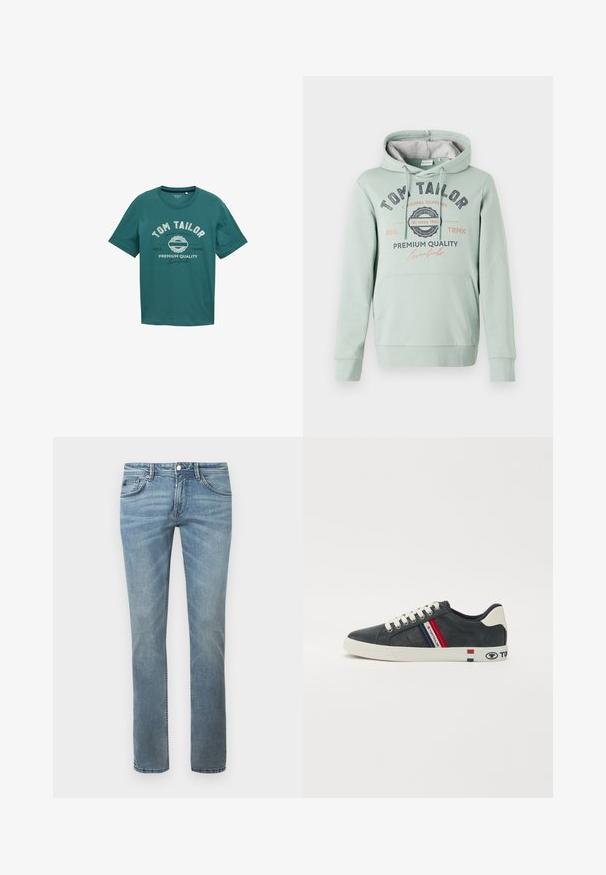 TOM TAILOR Hoodie - dust green; Teal kort-sleeve t-shirt van katoen met een ronde halslijn en witte bedrukte tekst "TOM TAILOR" en ontwerpelementen aan de voorkant.; Lichtblauwe jeans met een recht model, gemaakt van denim. Kenmerken zijn standaard zakken, riemlussen en subtiele vervaging.; Sneakers met een donkergrijs textuurmateriaal, witte zool, witte veters en rode en blauwe gestreepte accenten aan de zijkanten.