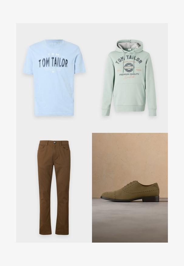 TOM TAILOR Kapuzenpullover - dust green; Hellblaues Baumwoll-T-Shirt mit rundem Ausschnitt und kurzen Ärmeln. Es hat fettgedruckten, schwarzen Text: "TOM TAILOR" und weitere Branding-Details.; Braune gerade geschnittene Hose mit vorderem Knopf- und Reißverschluss, vorderen und hinteren Taschen sowie Gürtelschlaufen.; Hellbrauner Wildleder-Oxford-Schuh mit Brogue-Details, schwebend über einem strukturierten beigefarbenen Teppich vor einem beigen Sofa.