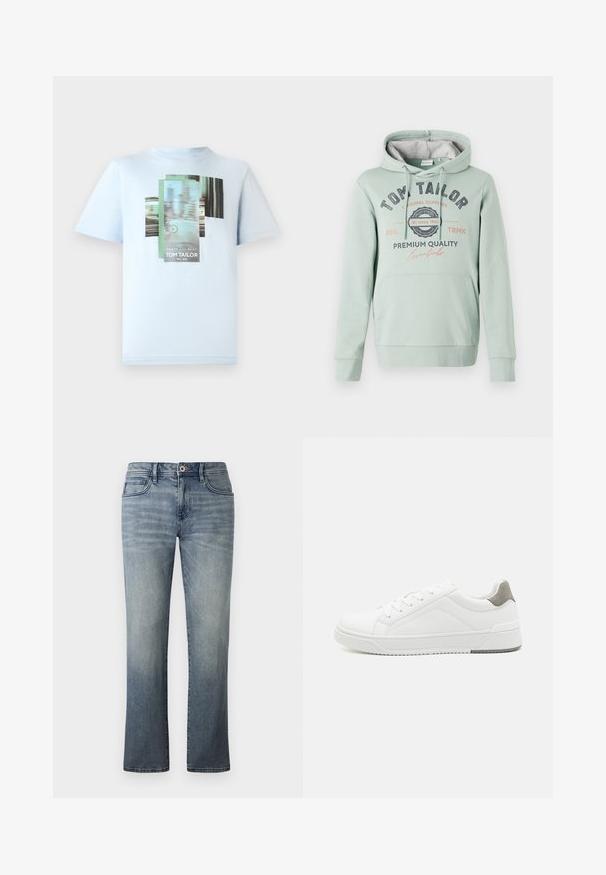 TOM TAILOR Hættetrøje - dust green; TOM TAILOR T-shirts print - light metal blue; Lysvasket denimbukser med lige ben, fem-lomme stil, metalknaplukning og subtile falmede detaljer.; Hvid sneaker lavet af glat læder, rund tå, minimalistisk design, grå hælafsats og tekstureret gummisål.