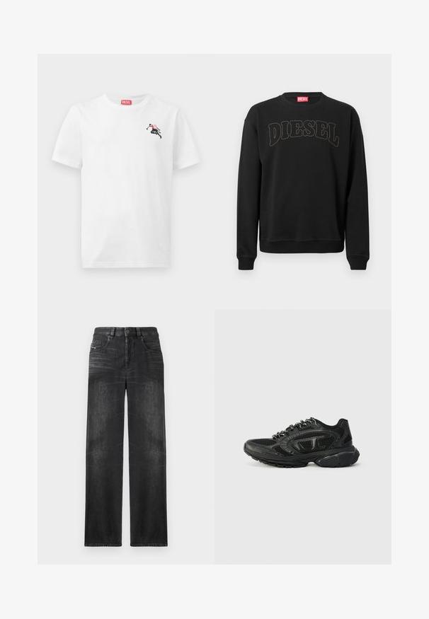 Sort sweatshirt lavet af bomuld med tydelig "DIESEL"-tekst i kontrastsyning. Klassisk rund hals og ribstrikkede manchetter.; Hvid bomulds-T-shirt med en lille sort og rød grafik på venstre bryst og et rødt logomærke ved halsudskæringen. Korte ærmer, rund hals.; Sorte straight-leg jeans lavet af denim, med fem lommer, bæltestropper og subtil falmning på stoffet for tekstur.; Sorte atletiske sneakers med et mesh-overdel, teksturerede detaljer og polstret krave. Snørebåndsdesign med en tykk gummisål for støtte.