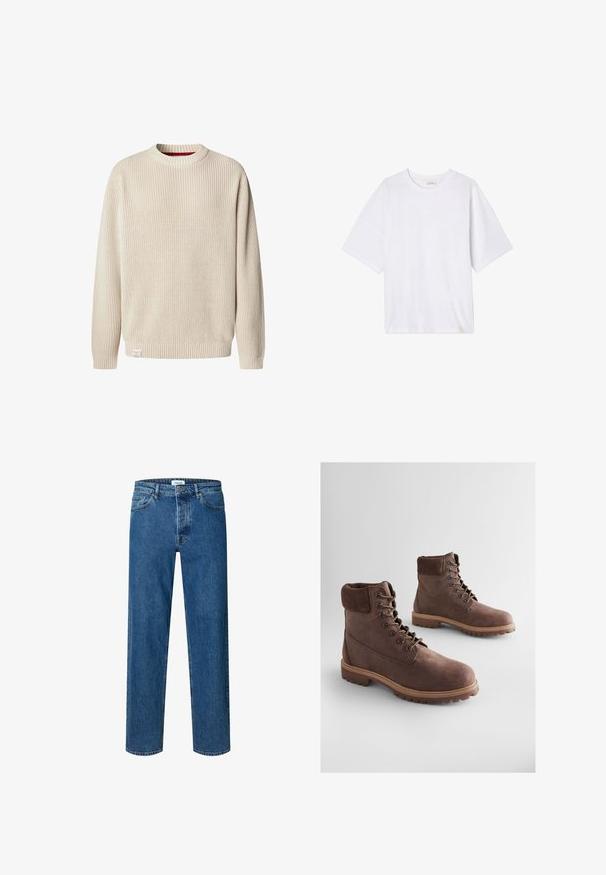Suéter de punto beige con cuello redondo, manga larga y puños y dobladillo de canalé, que presenta una pequeña etiqueta de tela blanca cerca del dobladillo.; Camiseta blanca de manga corta hecha de tejido suave. Presenta un escote redondo y un corte relajado con un dobladillo recto. Sin patrones ni hardware.; Vaqueros azul de corte recto con cierre de botón y cremallera, trabillas para el cinturón y diseño de cinco bolsillos.; Botines marrones de cuero con acabado texturizado, cuello acolchado, ojales metálicos y suela de goma resistente. Diseño elegante para mayor durabilidad.